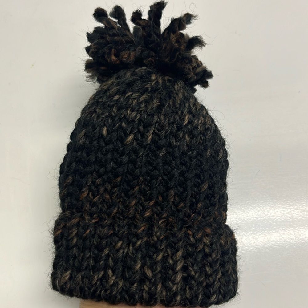 Hand Crafted Wool & Acrylic Knitted Black & Brown Marbled Winter Hat- Infant/XSm